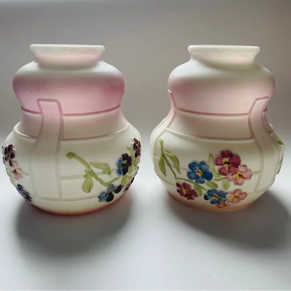 Antique White Satin Glass Opaque Hand Painted Floral Pair Lamp Shades - Picture 1 of 7